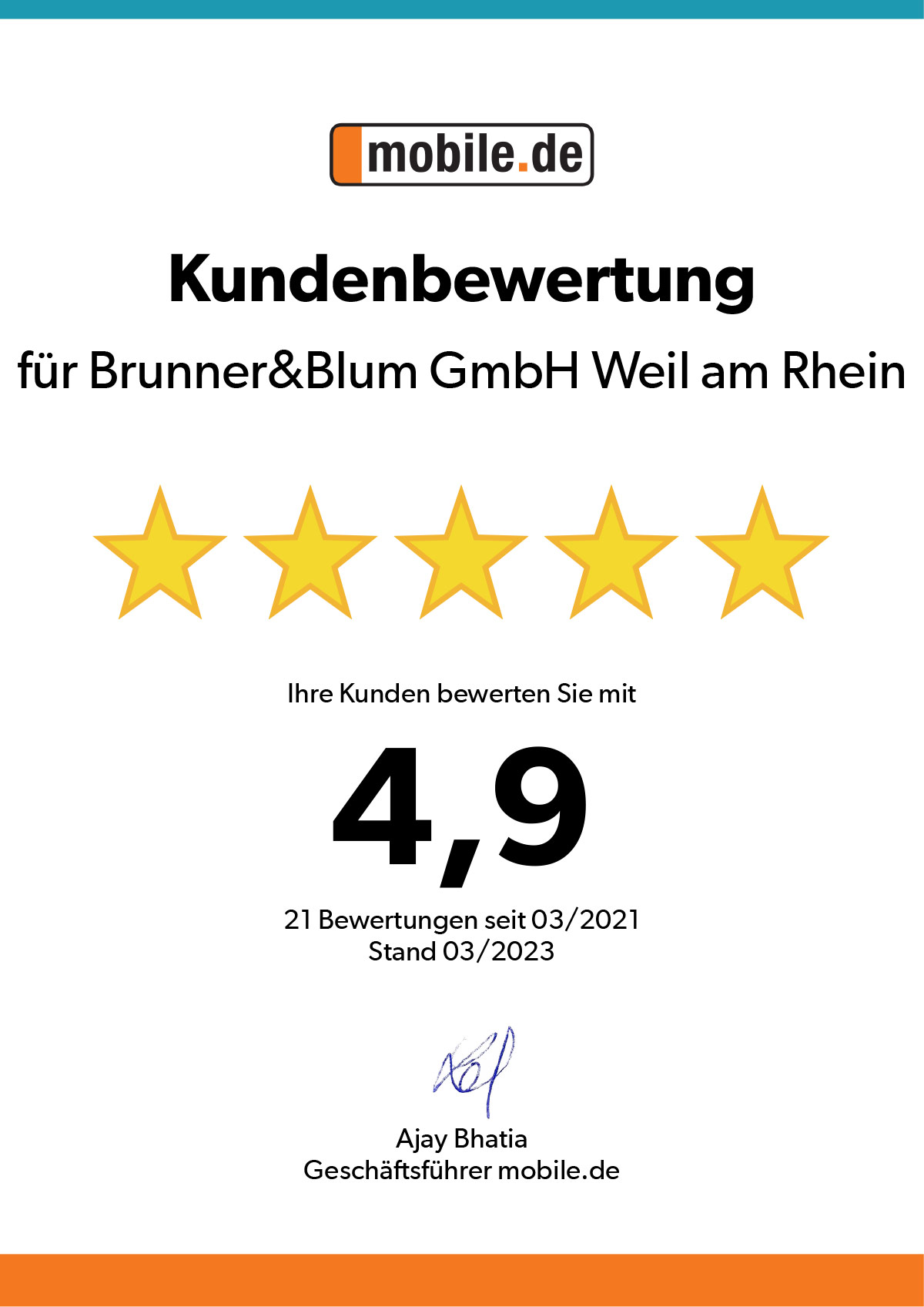 Auszeichnung von Mobile.de Auszeichnung von Mobile.de